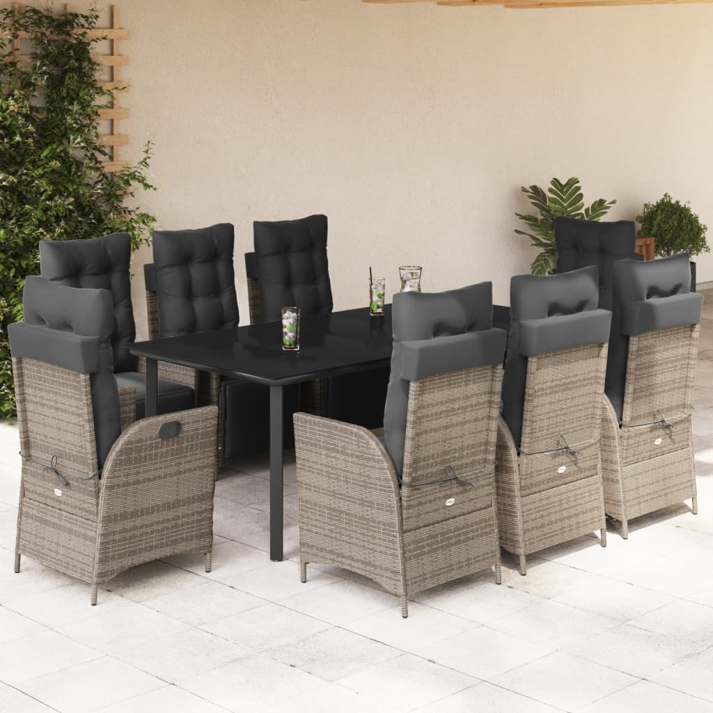 9-tlg. Garten-Essgruppe mit Kissen Grau Poly Rattan