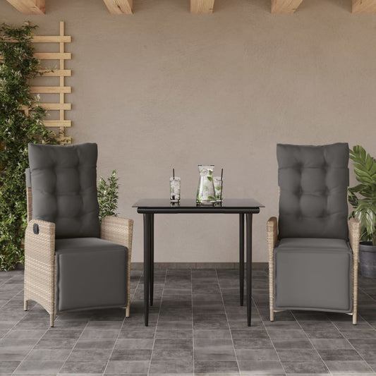 3-tlg. Garten-Essgruppe mit Kissen Hellgrau Poly Rattan