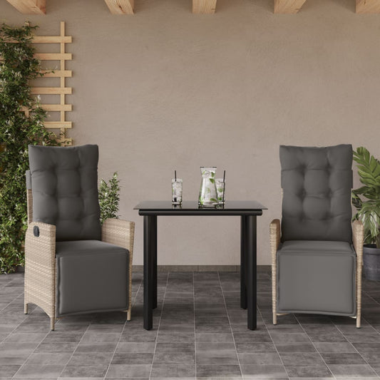 3-tlg. Garten-Essgruppe mit Kissen Hellgrau Poly Rattan