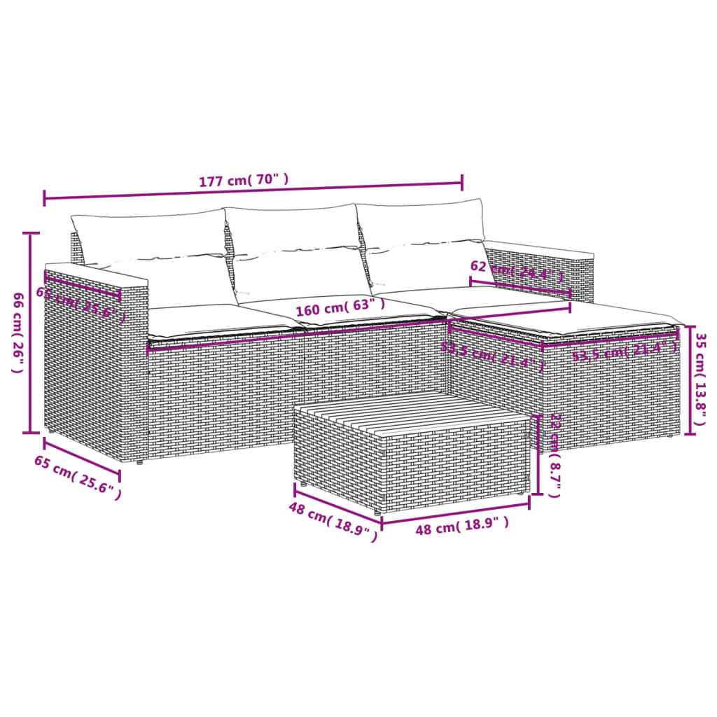 5tlg. Garten-Sofagarnitur mit Kissen Schwarz Poly Rattan Akazie