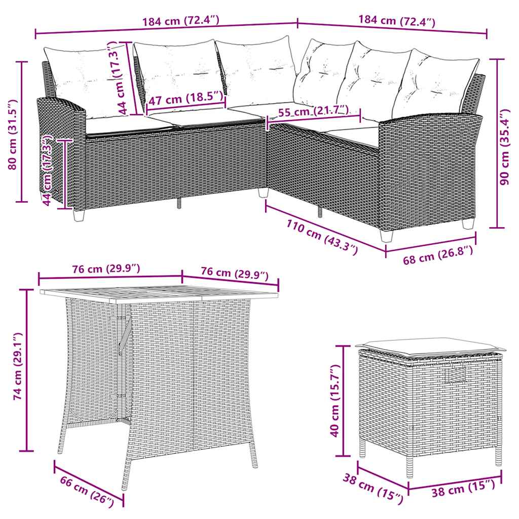 6tlg. Garten-Sofagarnitur mit Kissen L-Form Schwarz Poly Rattan