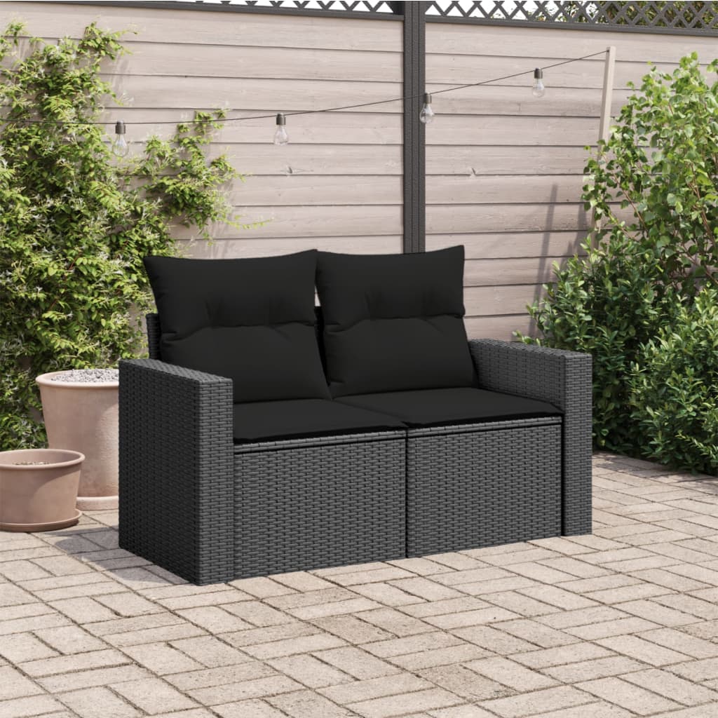 Gartensofa mit Kissen 2-Sitzer Schwarz Poly Rattan