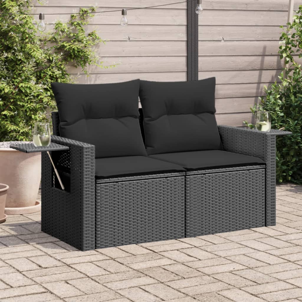 Gartensofa mit Kissen 2-Sitzer Schwarz Poly Rattan