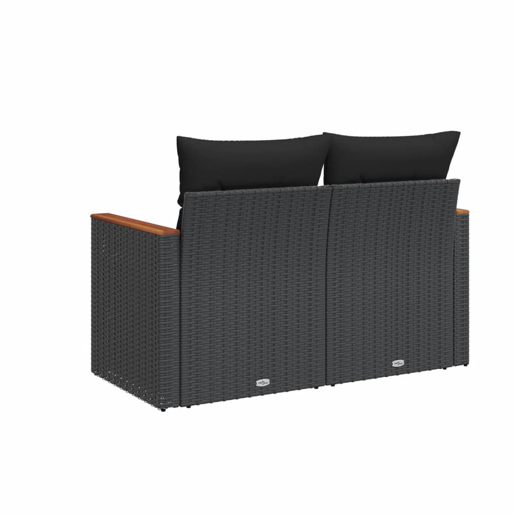 Gartensofa mit Kissen 2-Sitzer Schwarz Poly Rattan