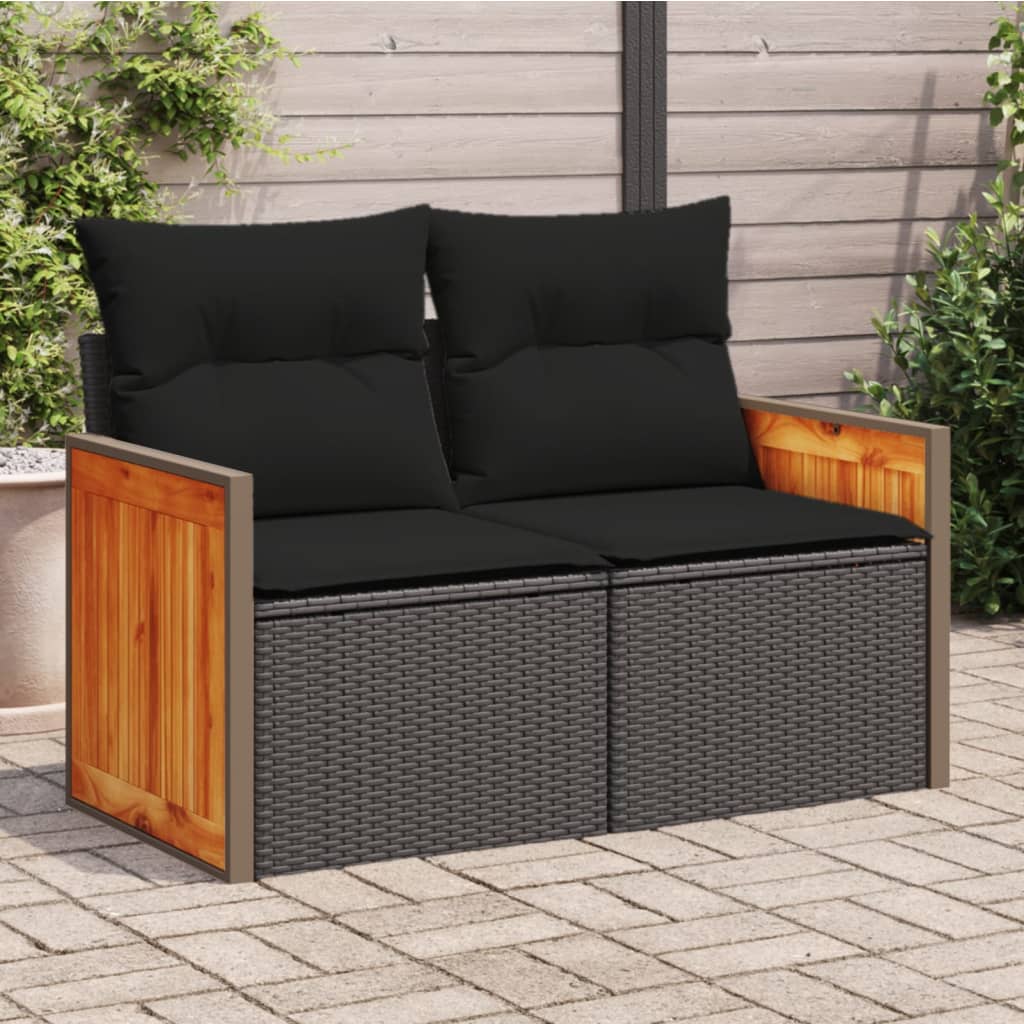 Gartensofa mit Kissen 2-Sitzer Schwarz Poly Rattan