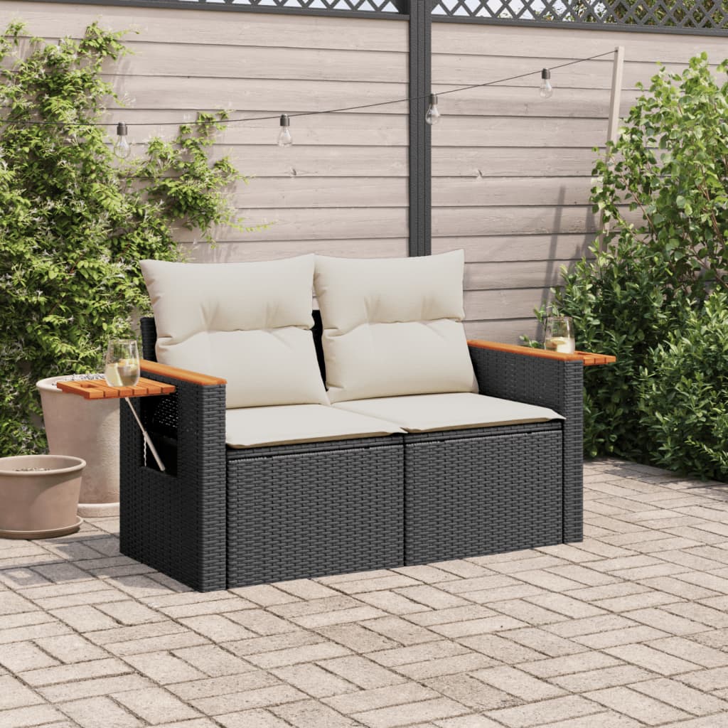 Gartensofa mit Kissen 2-Sitzer Schwarz Poly Rattan