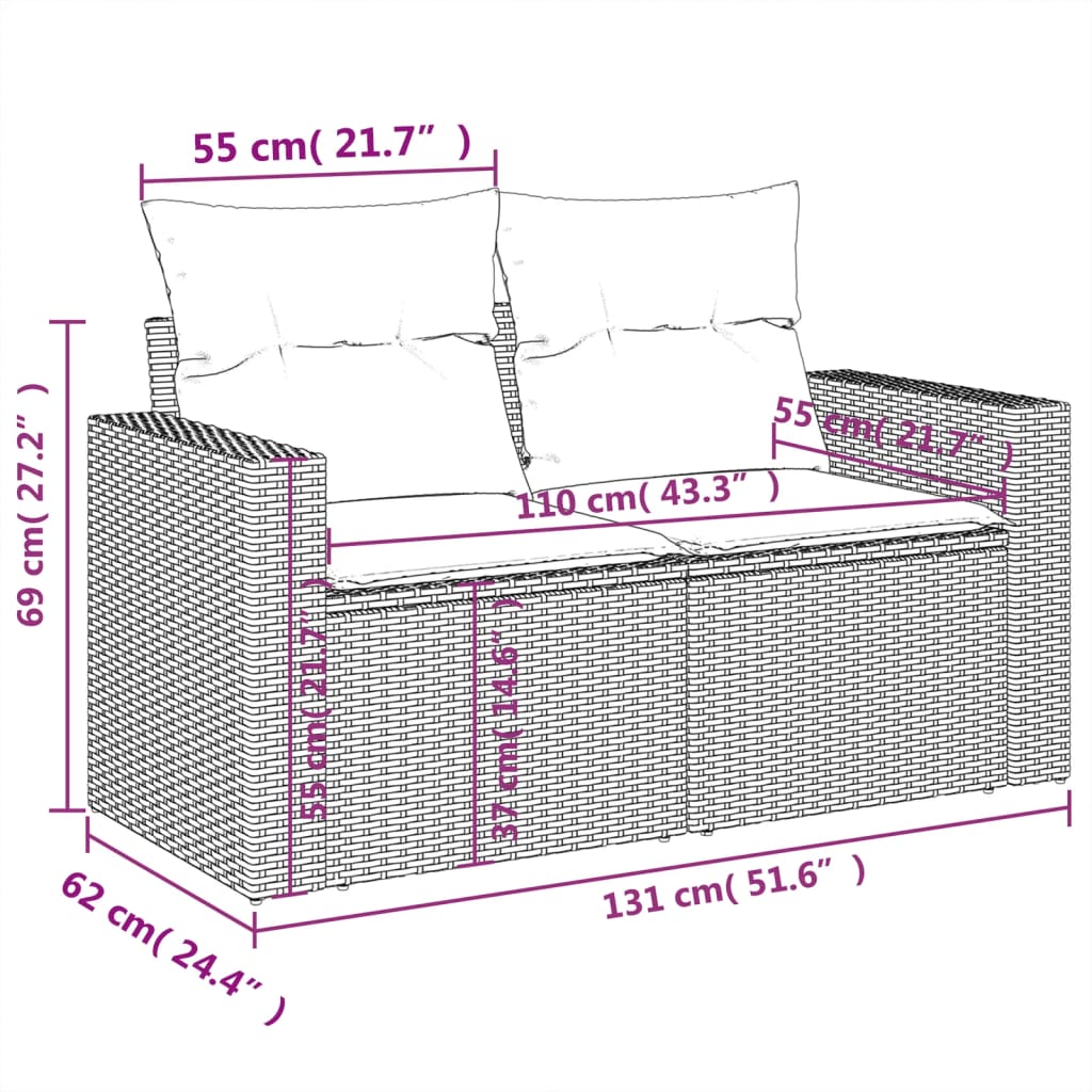 Gartensofa mit Kissen 2-Sitzer Schwarz Poly Rattan