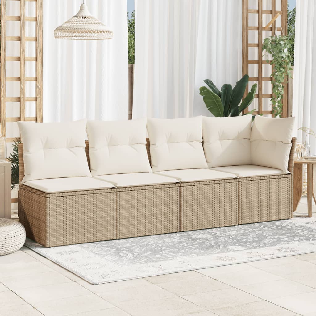 Canapé de jardin avec coussins 4 places en polyrotin beige