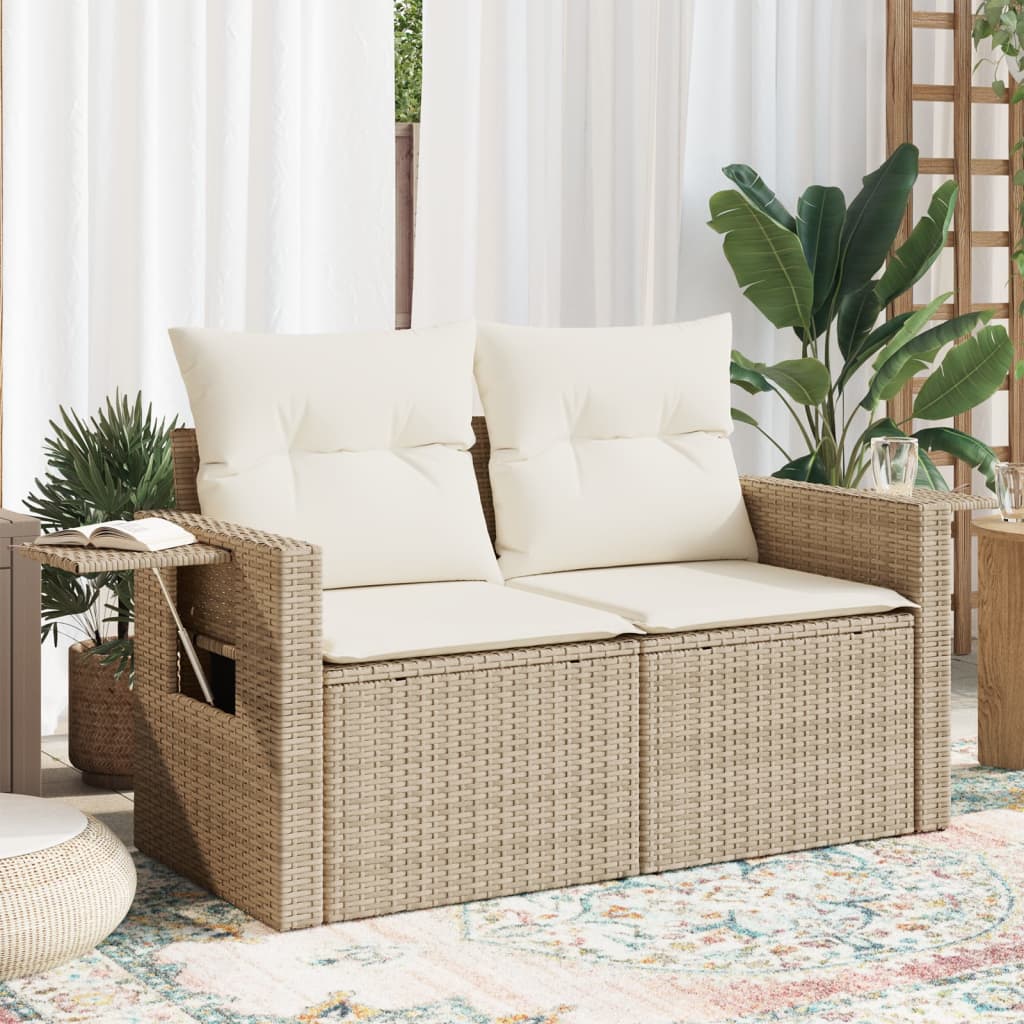 Gartensofa mit Kissen 2-Sitzer Beige Poly Rattan