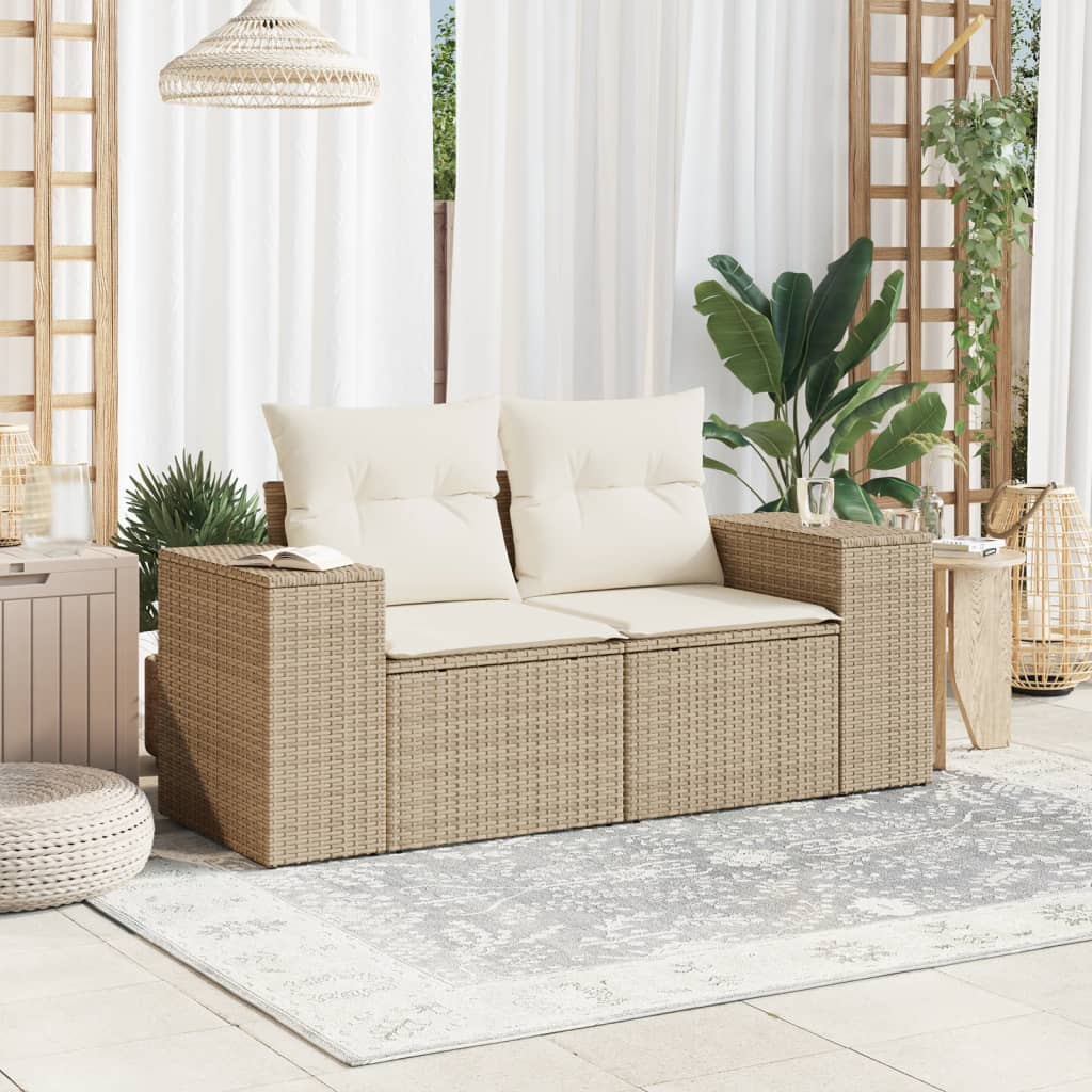 Canapé de jardin avec coussins 2 places en polyrotin beige