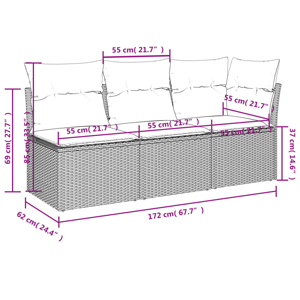 Canapé de jardin avec coussins 3 places en polyrotin beige