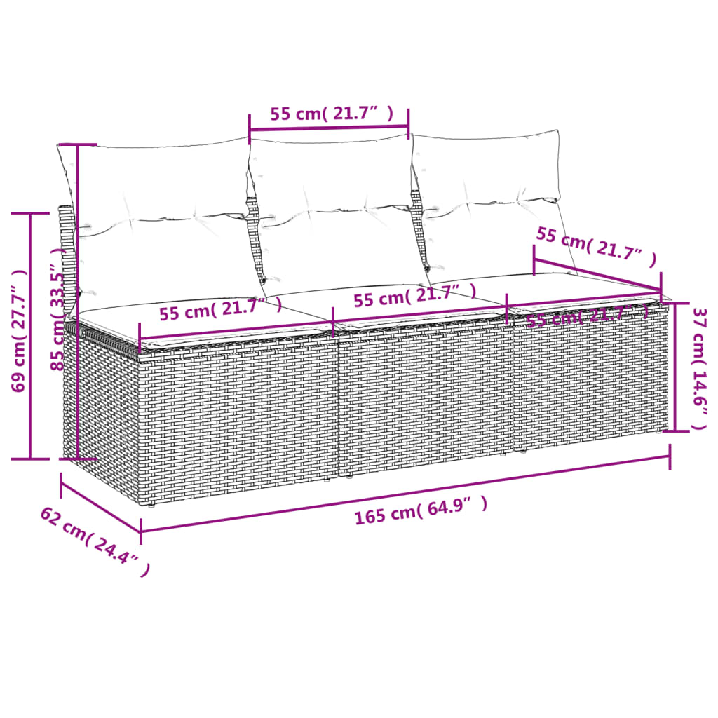 Canapé de jardin avec coussins 3 places en polyrotin beige