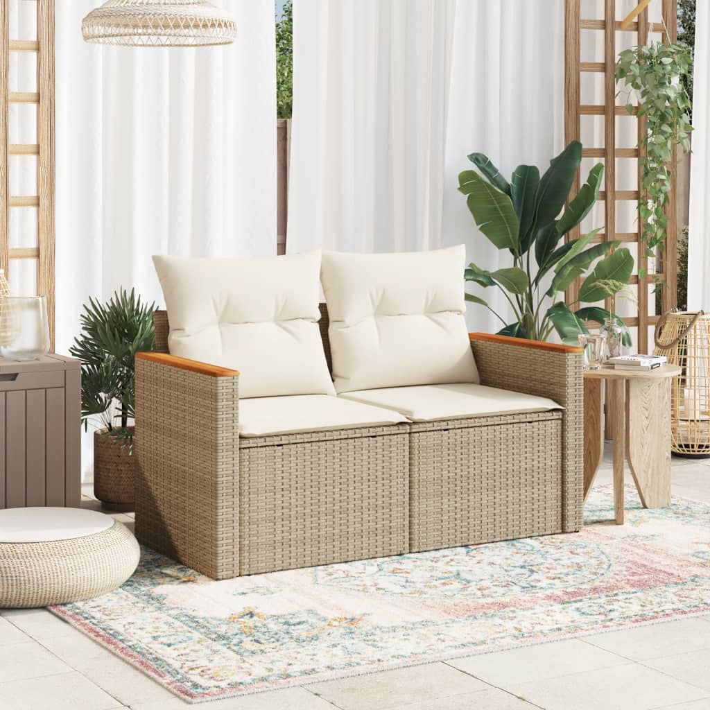 Gartensofa mit Kissen 2-Sitzer Beige Poly Rattan