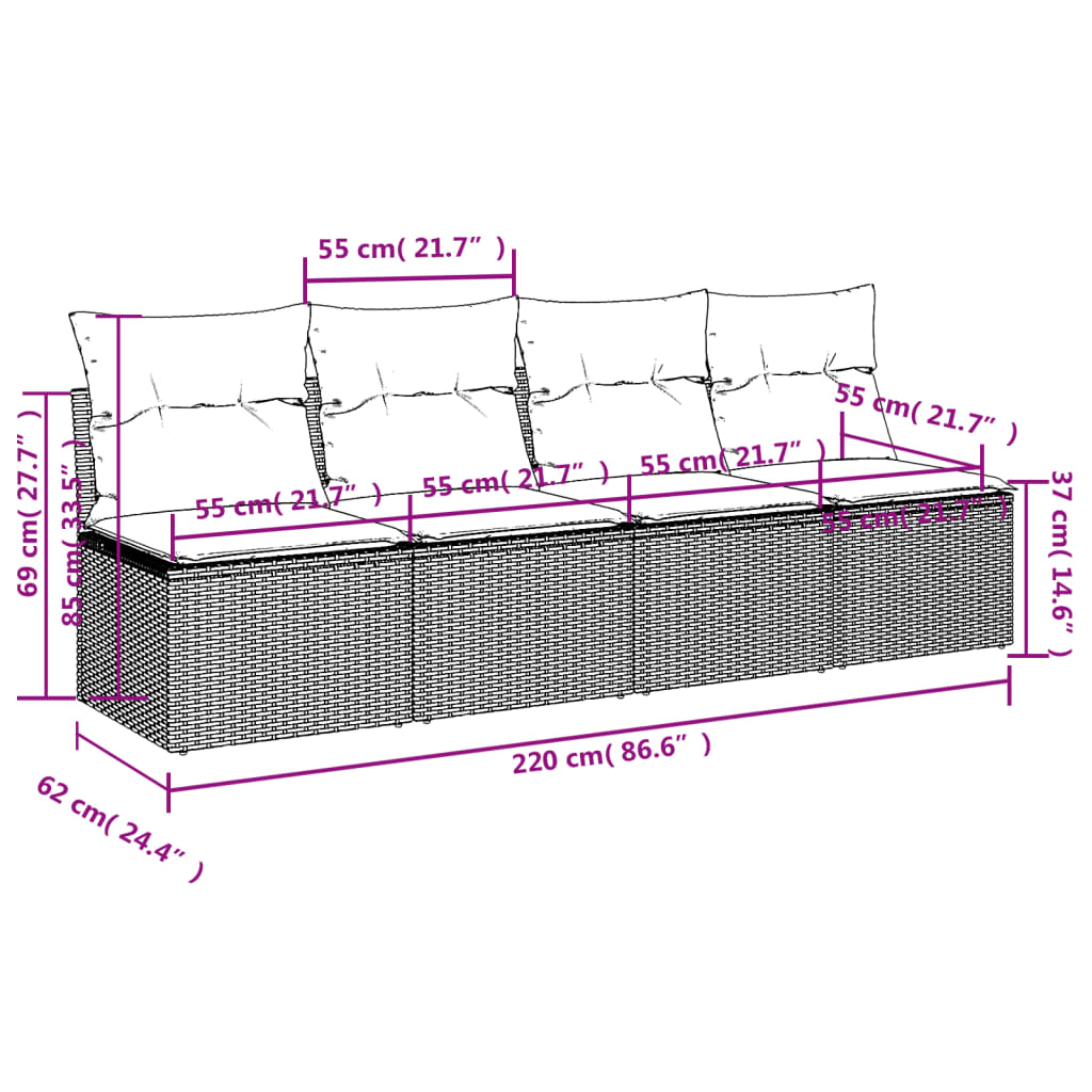 Canapé de jardin avec coussins 4 places en polyrotin beige