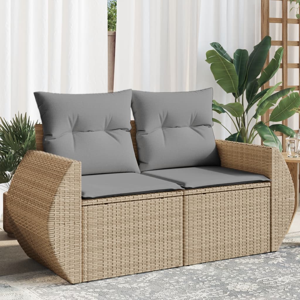 Gartensofa mit Kissen 2-Sitzer Beige Poly Rattan