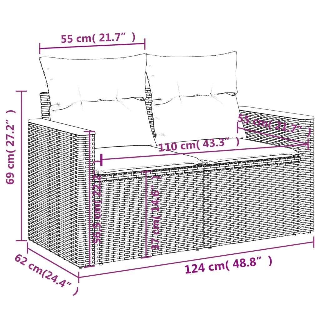 Canapé de jardin avec coussins 2 places en polyrotin beige