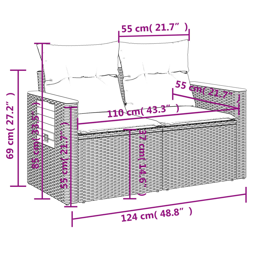 Canapé de jardin avec coussins 2 places en polyrotin beige