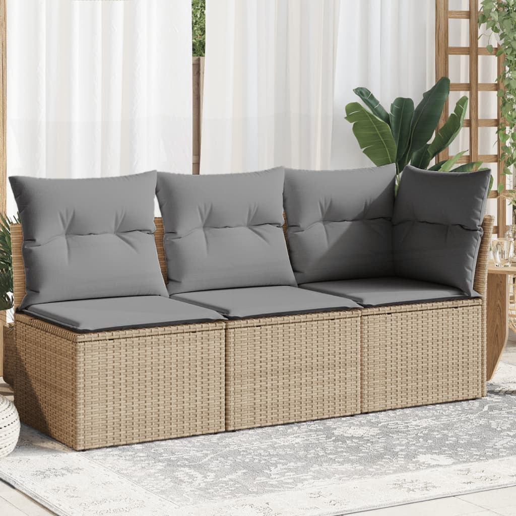 Gartensofa mit Kissen 3-Sitzer Beige Poly Rattan