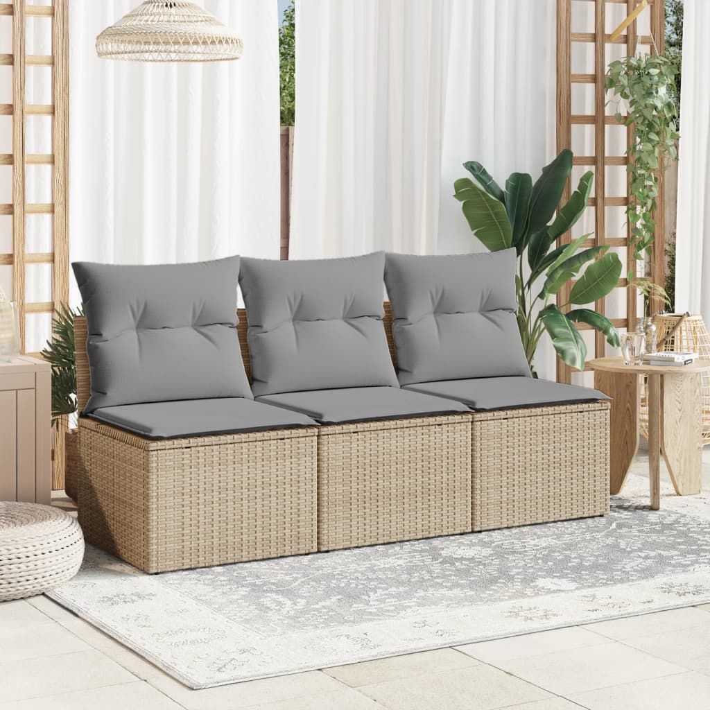 Gartensofa mit Kissen 3-Sitzer Beige Poly Rattan