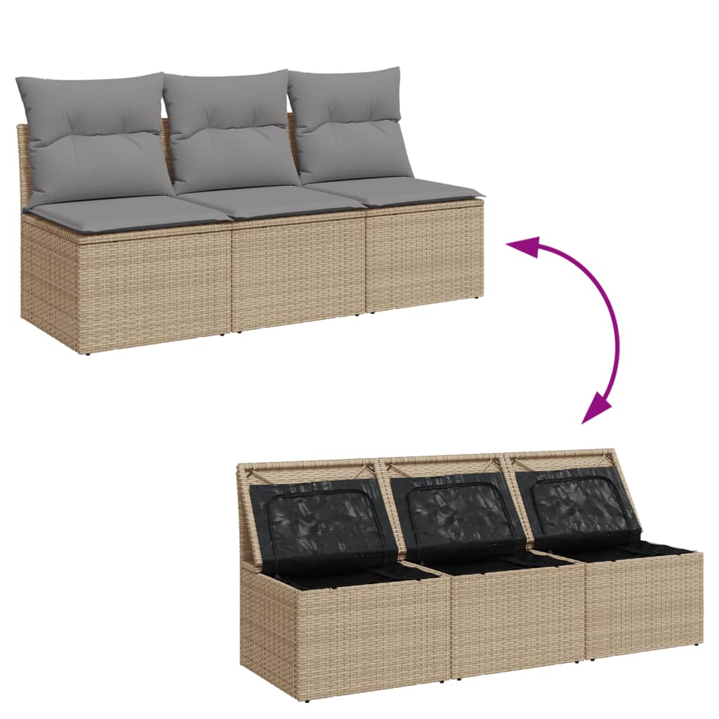 Gartensofa mit Kissen 3-Sitzer Beige Poly Rattan