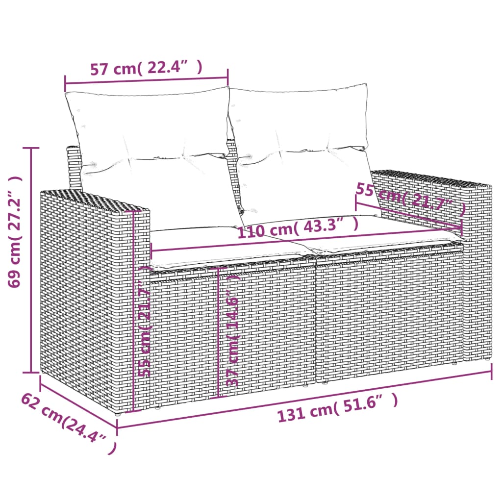 Canapé de jardin avec coussins 2 places en polyrotin beige