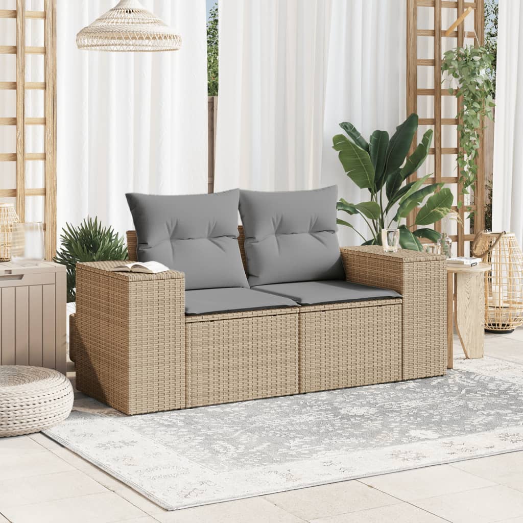 Gartensofa mit Kissen 2-Sitzer Beige Poly Rattan