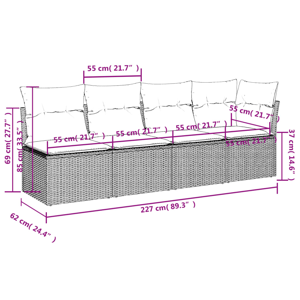 Canapé de jardin avec coussins 4 places en polyrotin gris