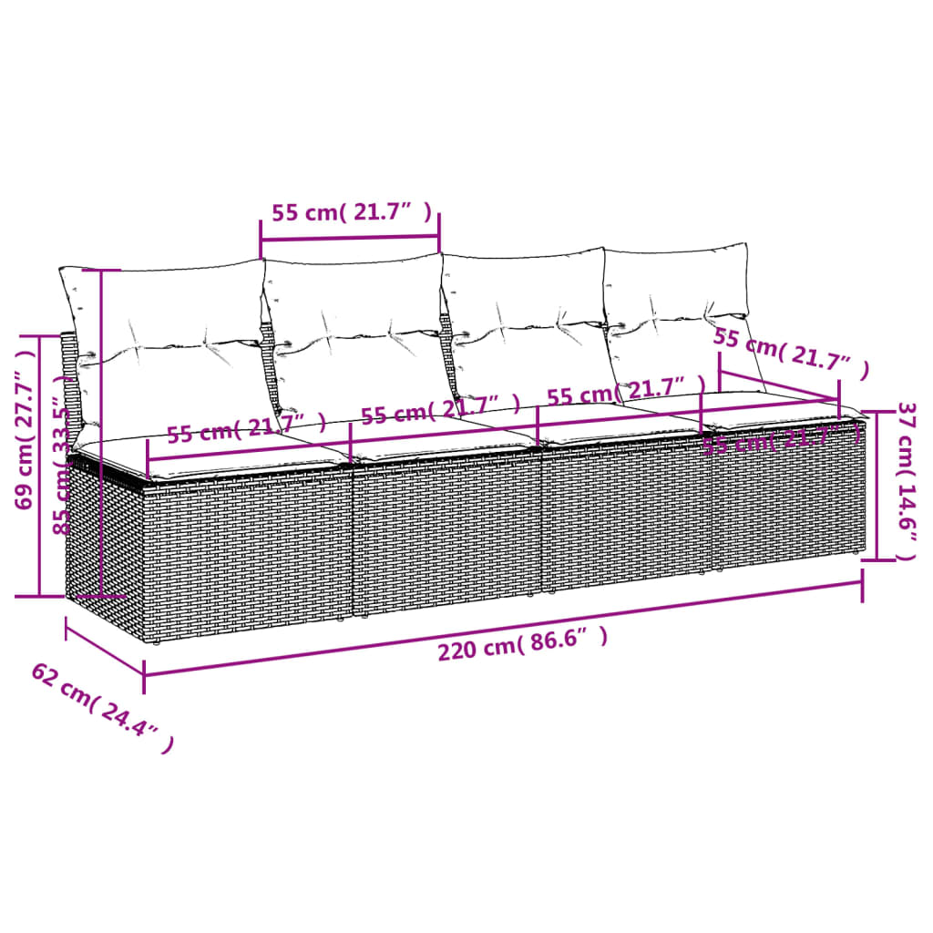 Canapé de jardin avec coussins 4 places en polyrotin gris