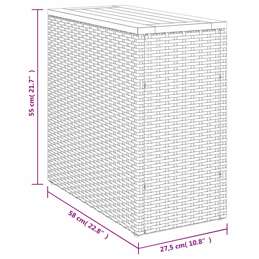 Garten-Beistelltisch mit Holzplatte Grau 58x27,5x55 cm Rattan