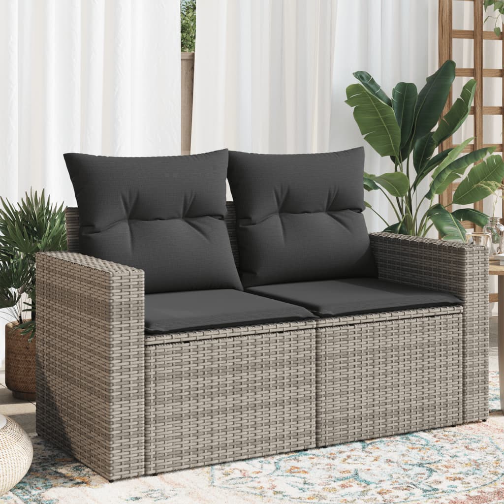 Gartensofa 2-Sitzer mit Kissen Grau Poly Rattan