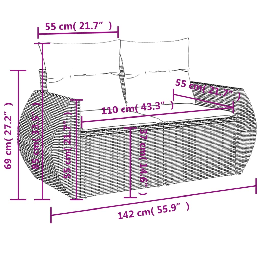 Gartensofa 2-Sitzer mit Kissen Grau Poly Rattan