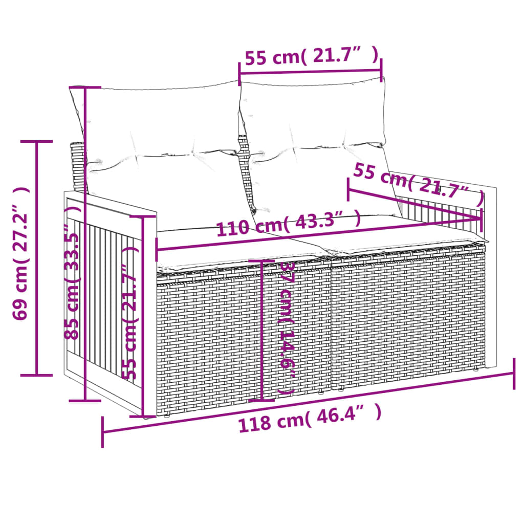 Gartensofa 2-Sitzer mit Kissen Grau Poly Rattan