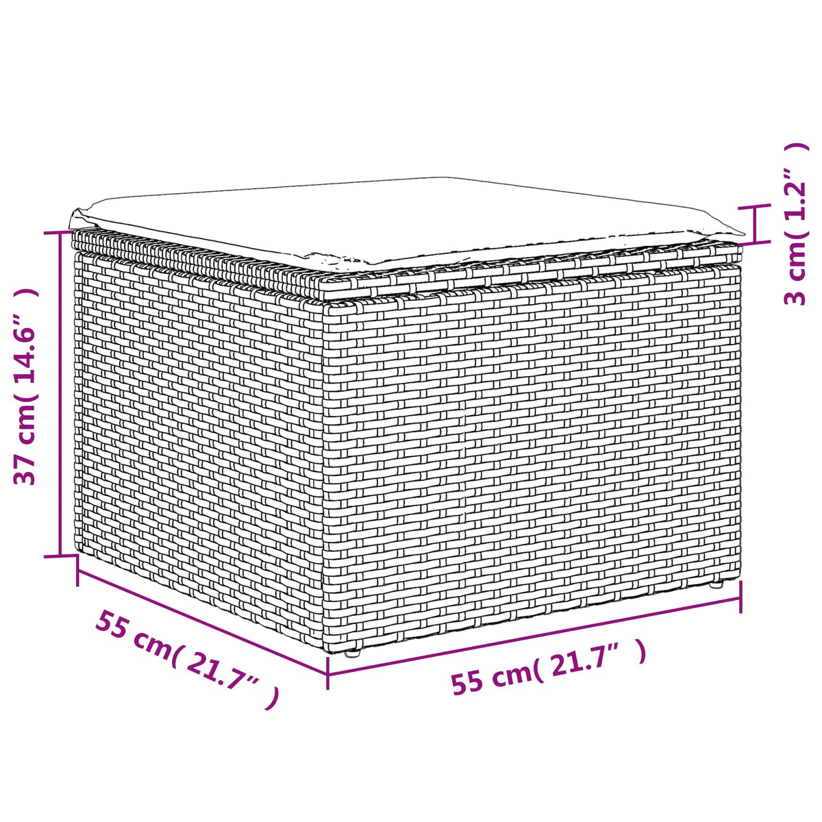 Gartenhocker mit Kissen Grau 55x55x37 cm Poly Rattan