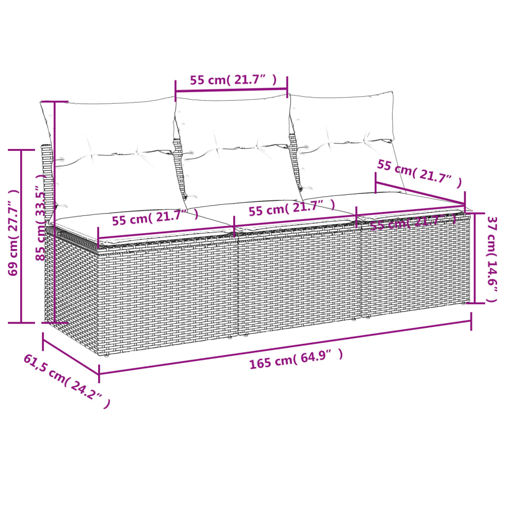 Gartensofa mit Kissen 3-Sitzer Hellgrau Poly Rattan