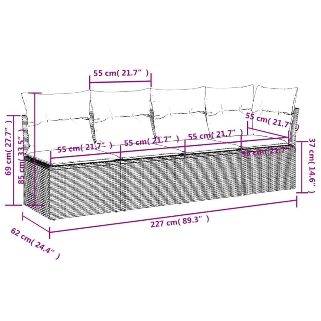 Canapé de jardin avec coussins 4 places en polyrotin marron