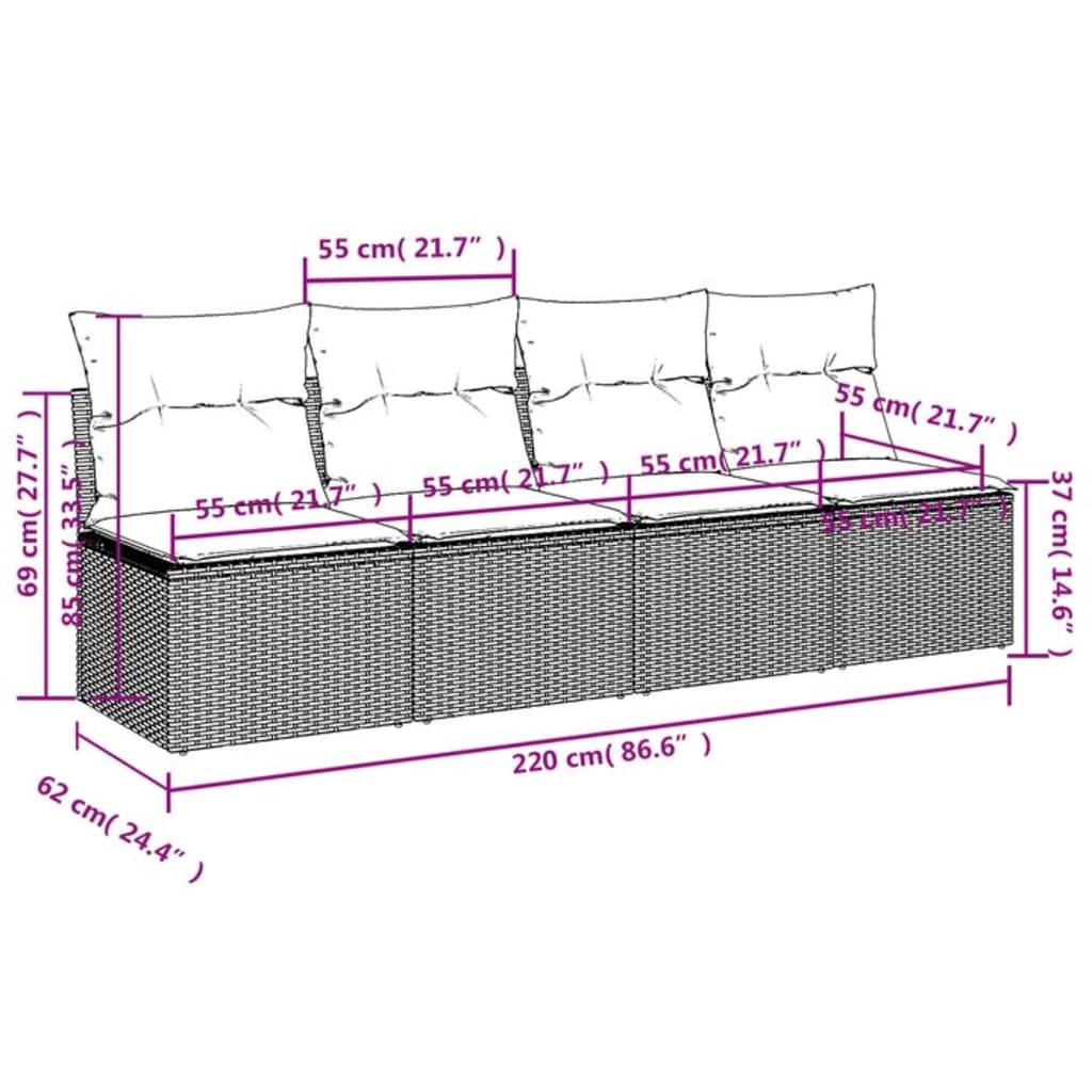 Canapé de jardin avec coussins 4 places en polyrotin marron