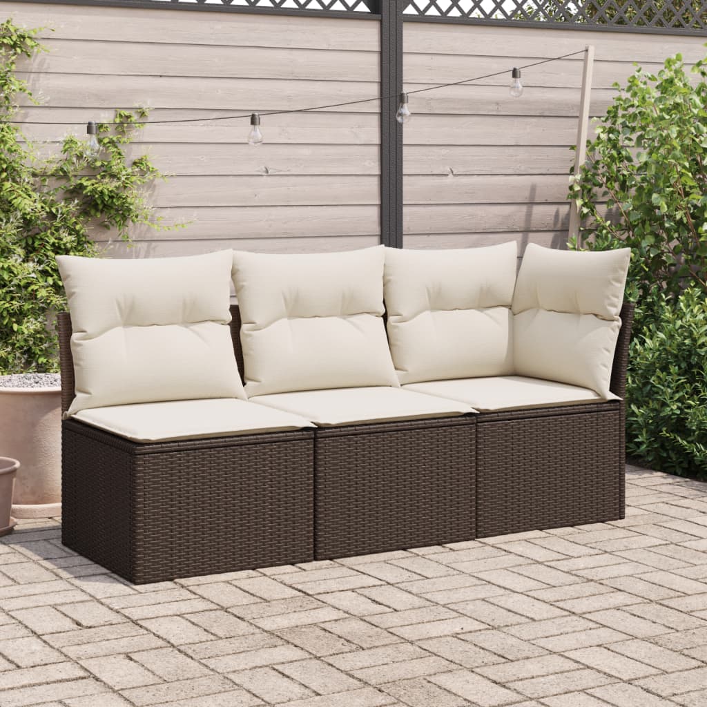 Gartensofa mit Kissen 3-Sitzer Braun Poly Rattan