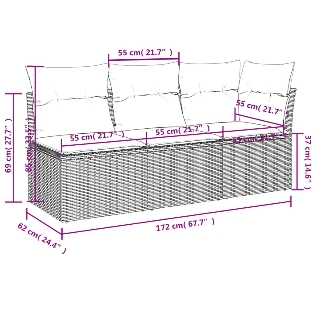 Canapé de jardin avec coussins 3 places en polyrotin marron