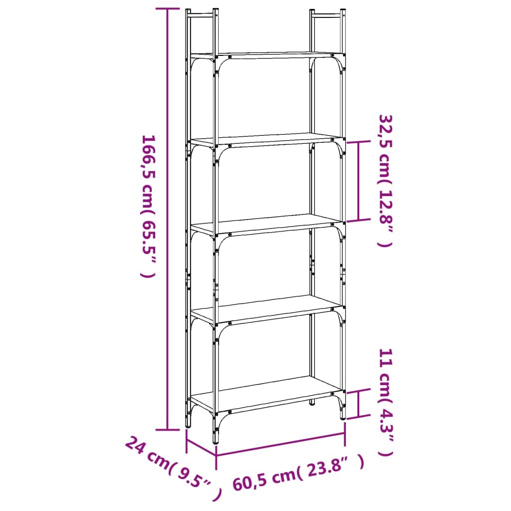 Bücherregal 5 Böden Schwarz 60,5x24x166,5 cm Holzwerkstoff