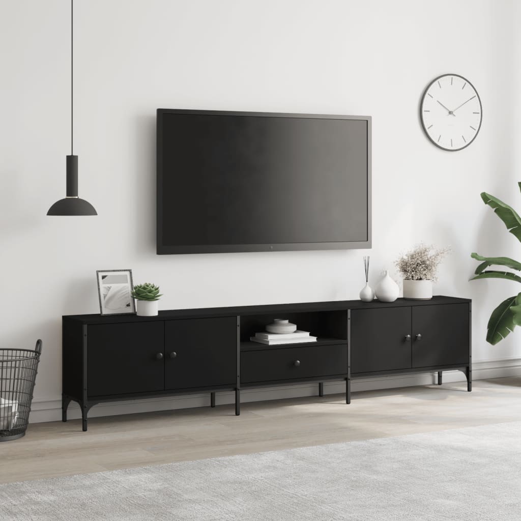 Meuble TV avec tiroir noir 200x25x44 cm en bois