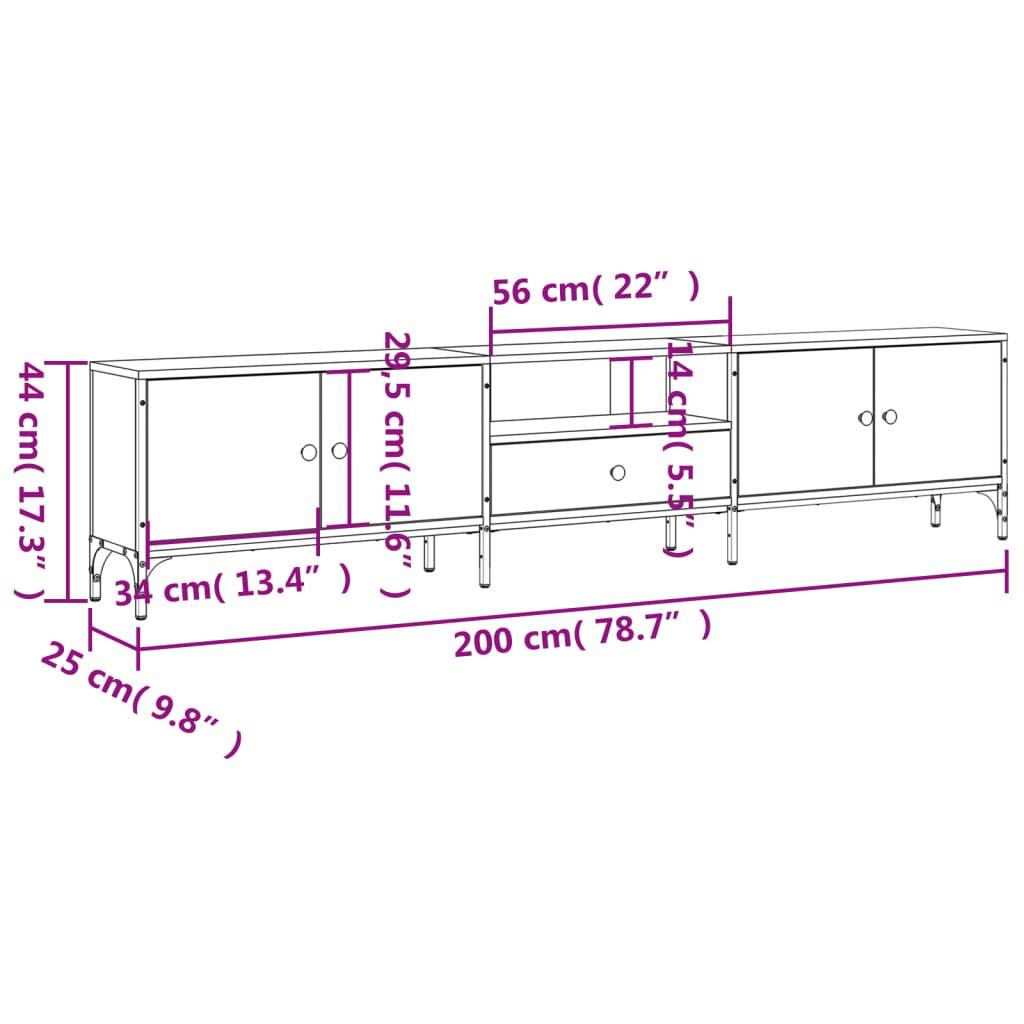 Meuble TV avec tiroir gris Sonoma 200x25x44 cm en bois