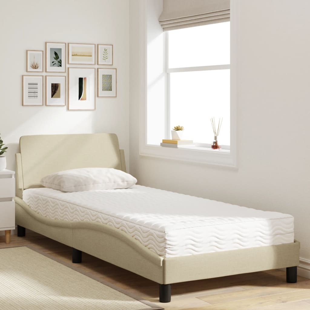 Bed with mattress cream 90x200 cm fabric