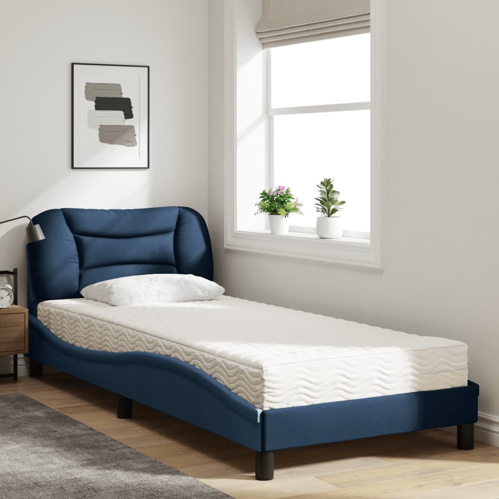 Bed with mattress blue 90x190 cm fabric
