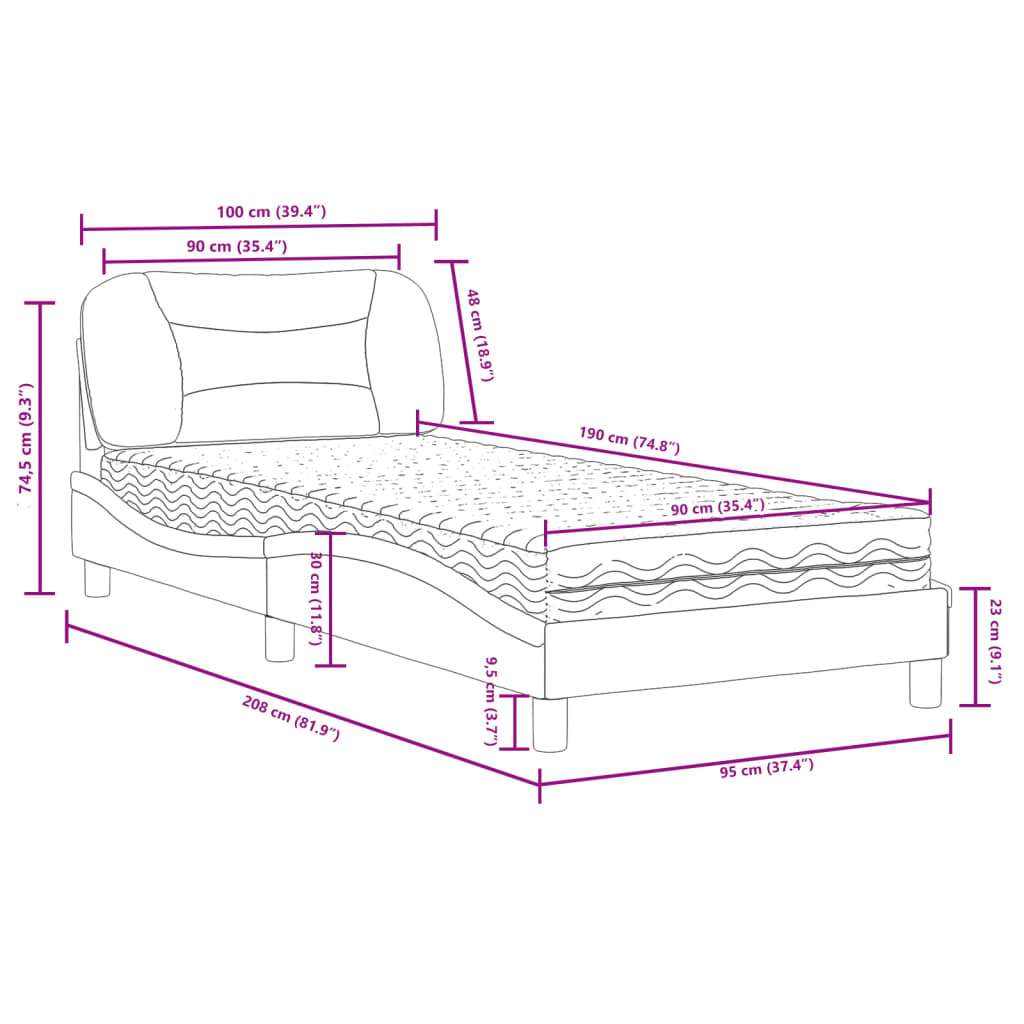 Bed with mattress blue 90x190 cm fabric