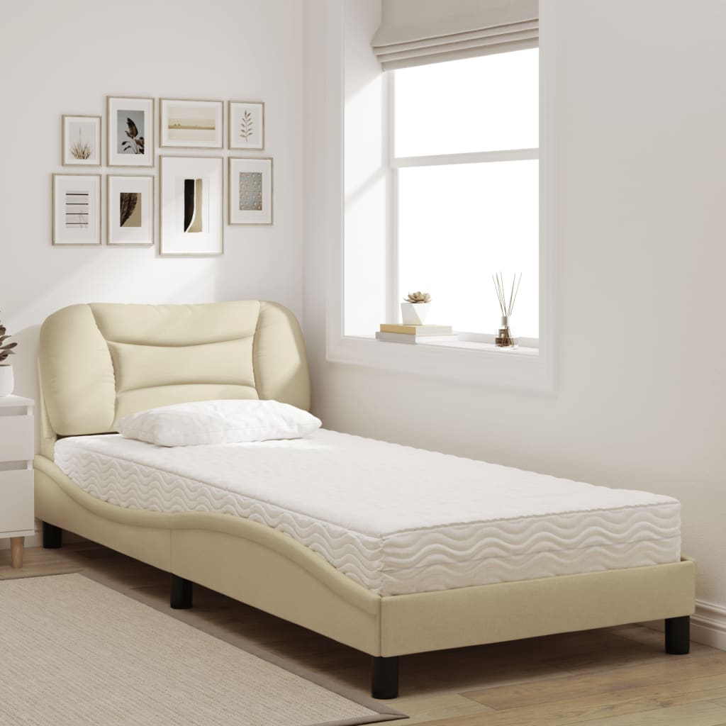 Bed with mattress cream 90x200 cm fabric