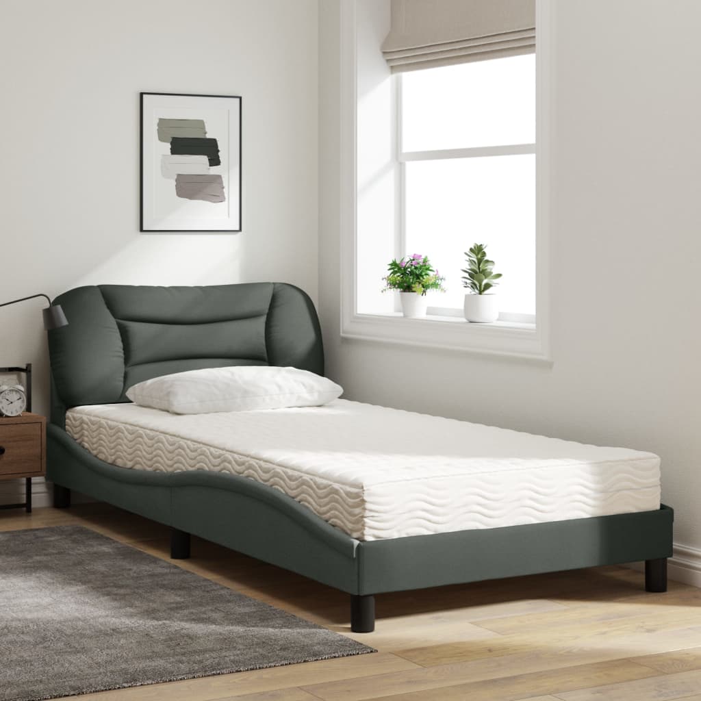 Bed with mattress dark grey 100x200 cm fabric