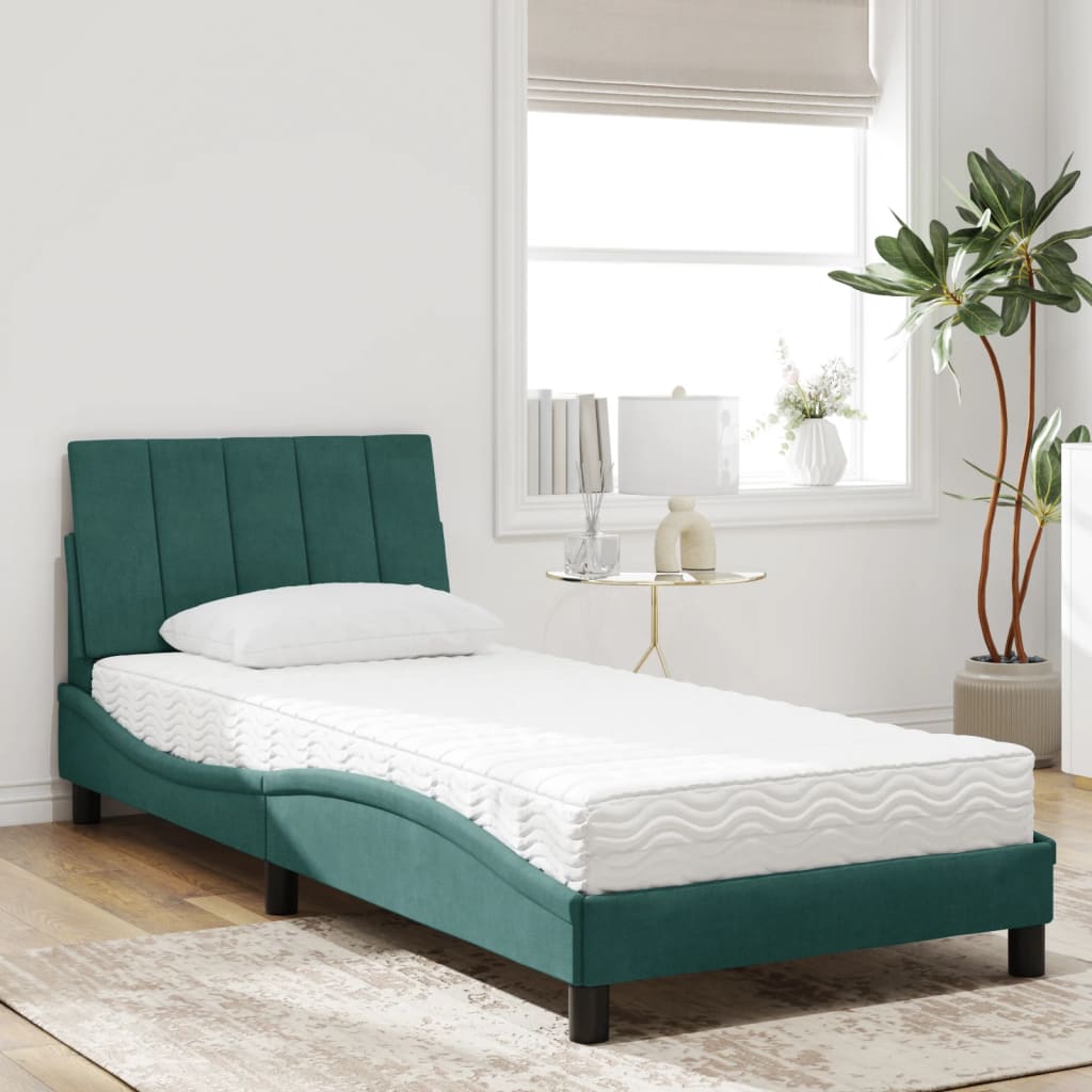 Lit avec matelas "Hanko" vert foncé 80x200 cm velours