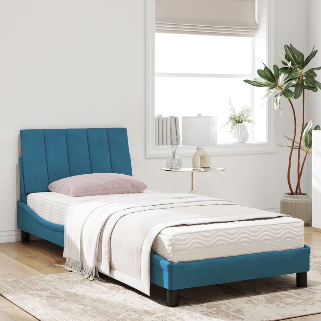 Bed with mattress blue 90x200 cm velvet