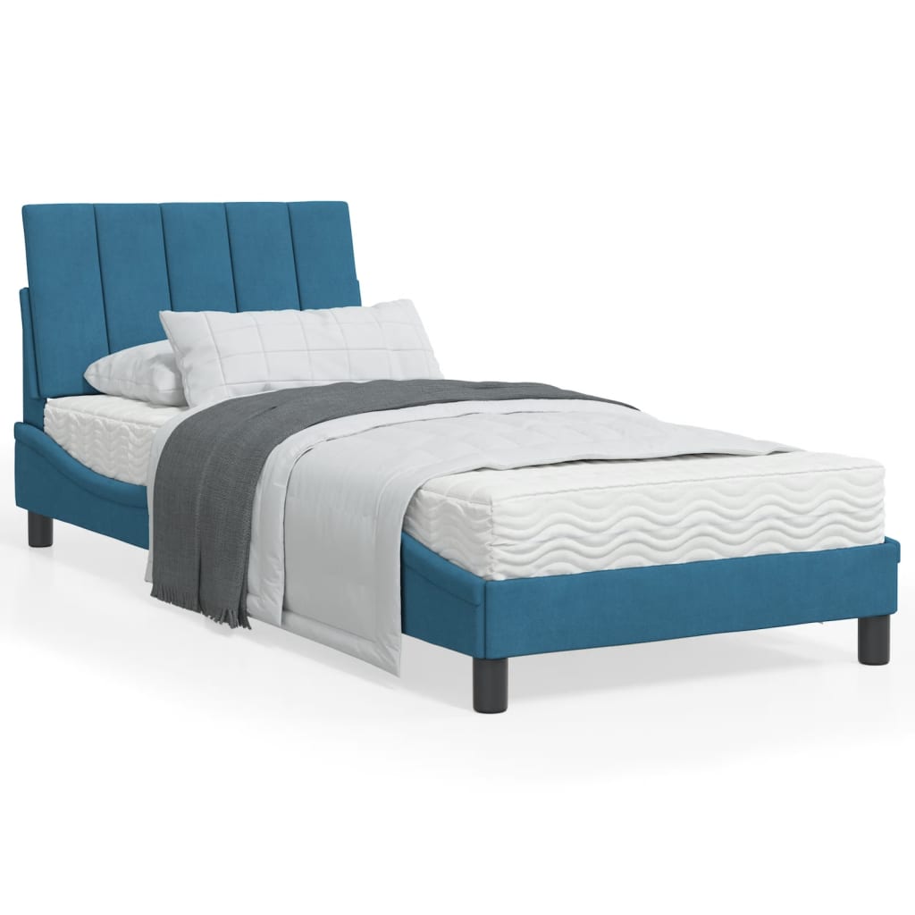 Bed with mattress blue 90x200 cm velvet