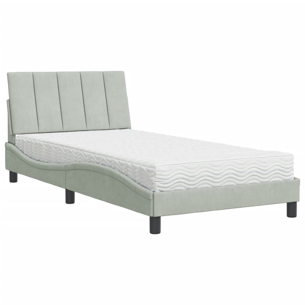 Lit avec matelas "Hanko" gris clair 100x200 cm velours